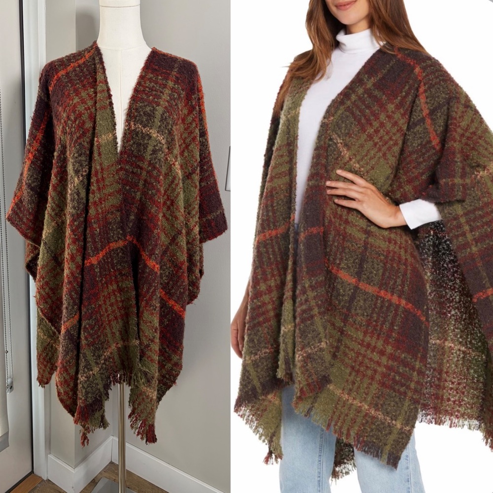 Woolrich Cozy Plaid Oversized Plush Blanket Wrap Kimono Sweater Luxe Loungewear